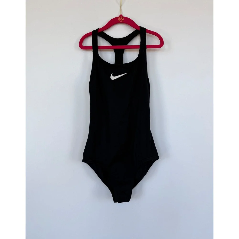 Nike Girls Black Racerback One Piece Swimsuit Size M 10-12 White Swoosh Beach
